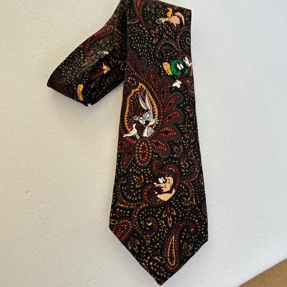 VTG 1994 Looney Tunes Silk Tie Bugs Bunny Marvin Taz Paisley Brown